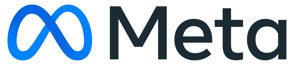 Logotipo da Meta com um símbolo azul em forma de laço infinito estilizado, seguido da palavra “Meta” em letras pretas.